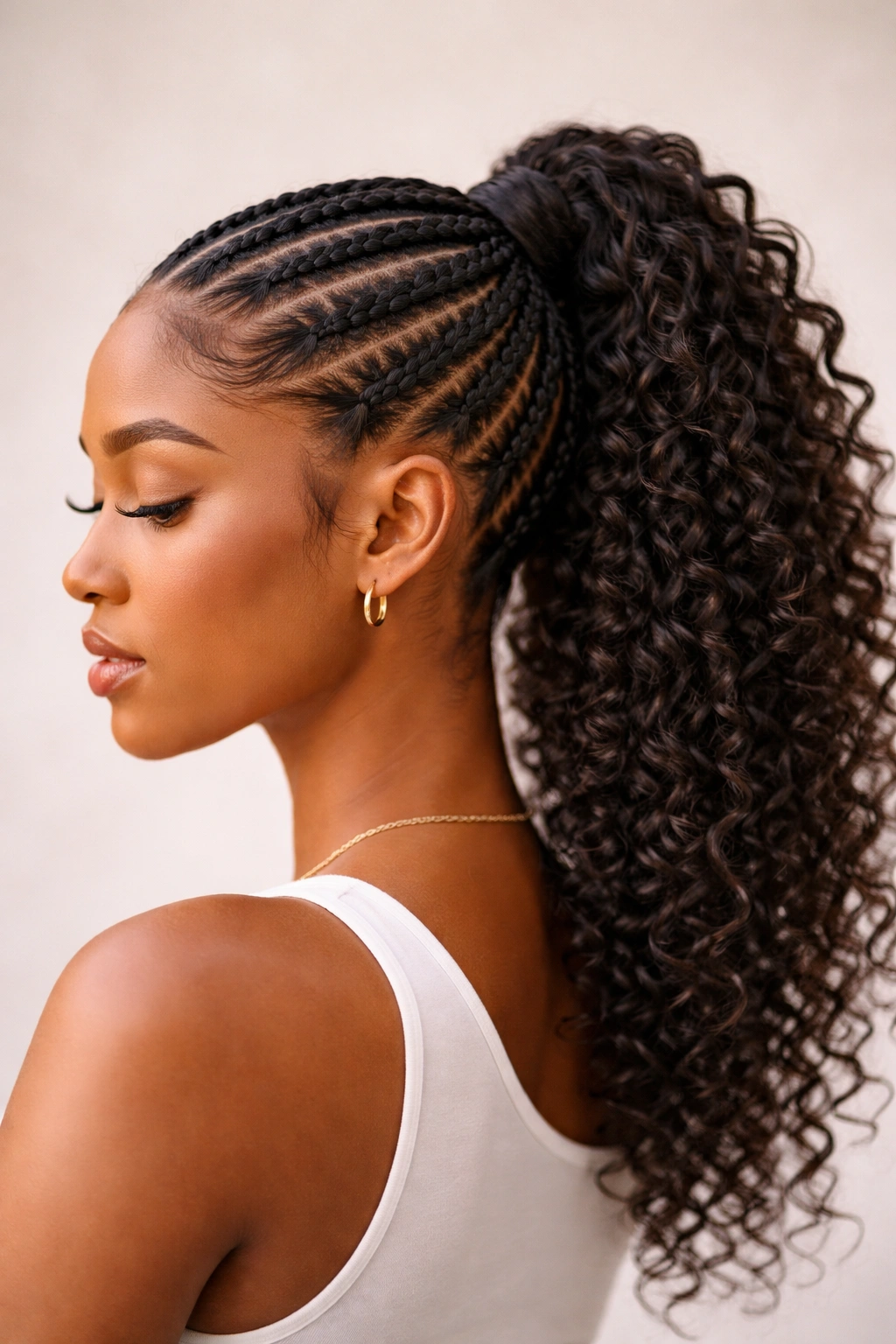 Close-up of a person’s head showing cornrow ponytails and curly hair texture in studio lighting
