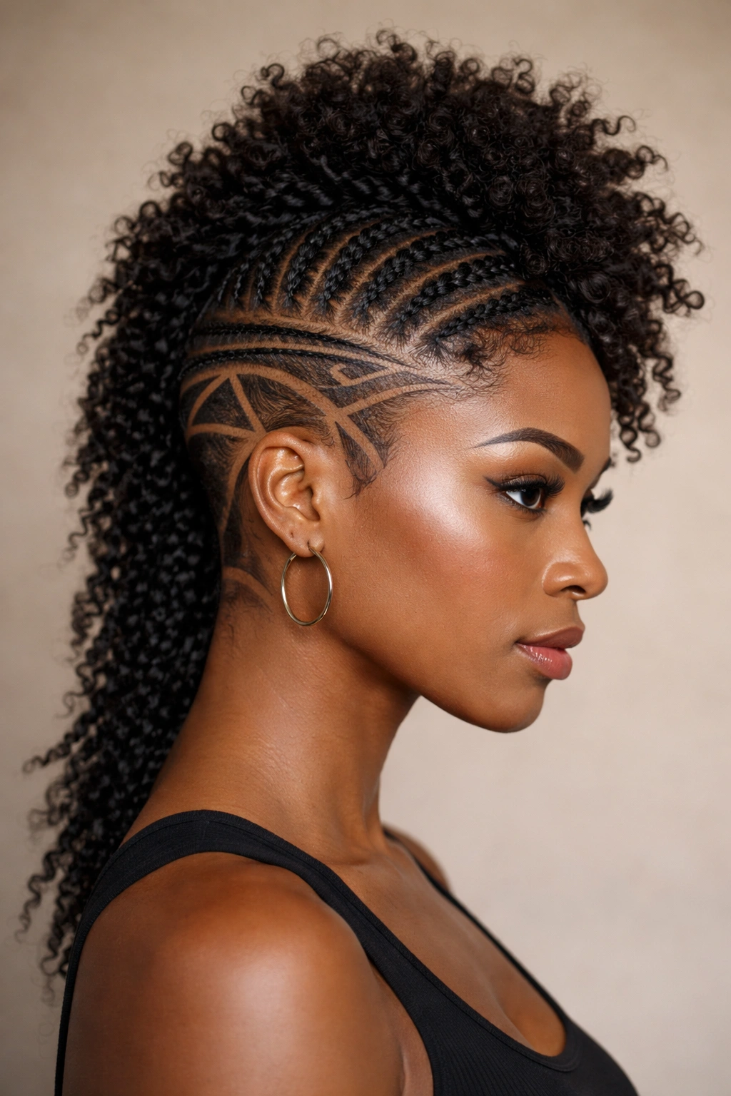 Cornrow mohawk with shaved designs and geometric patterns