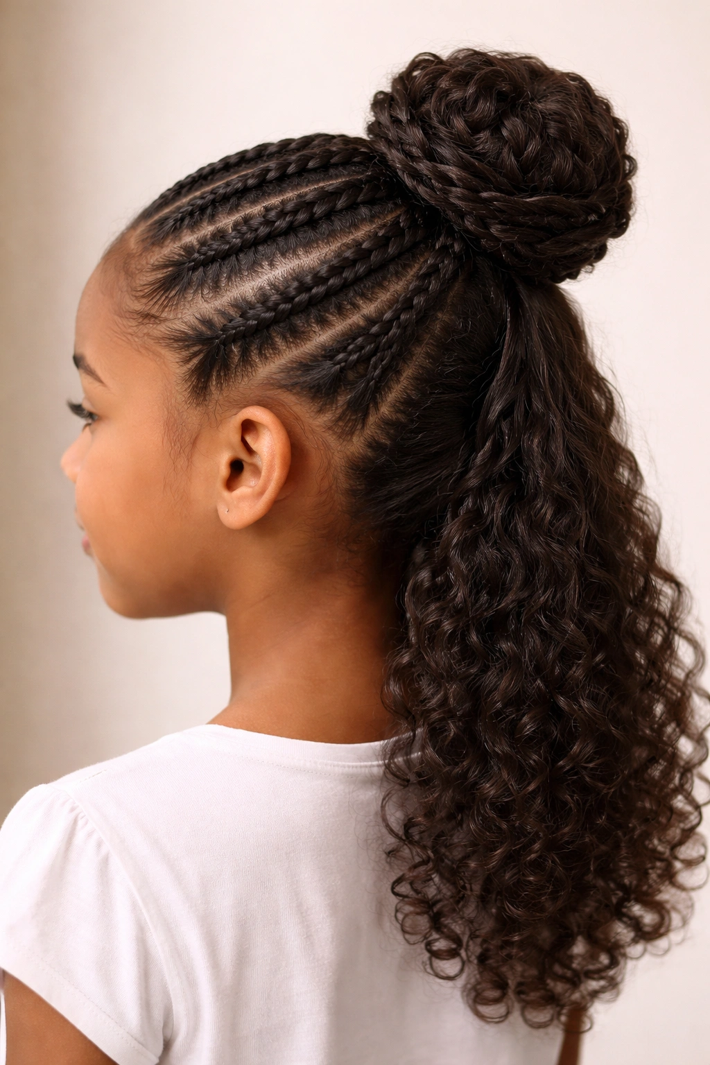 Child with side cornrows leading to a topknot bun.