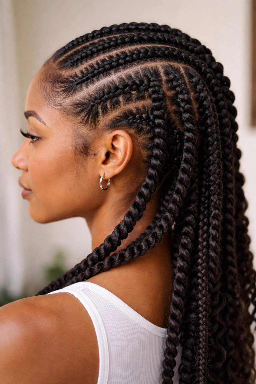 Head with cornrows and twists mixed for textured protective style