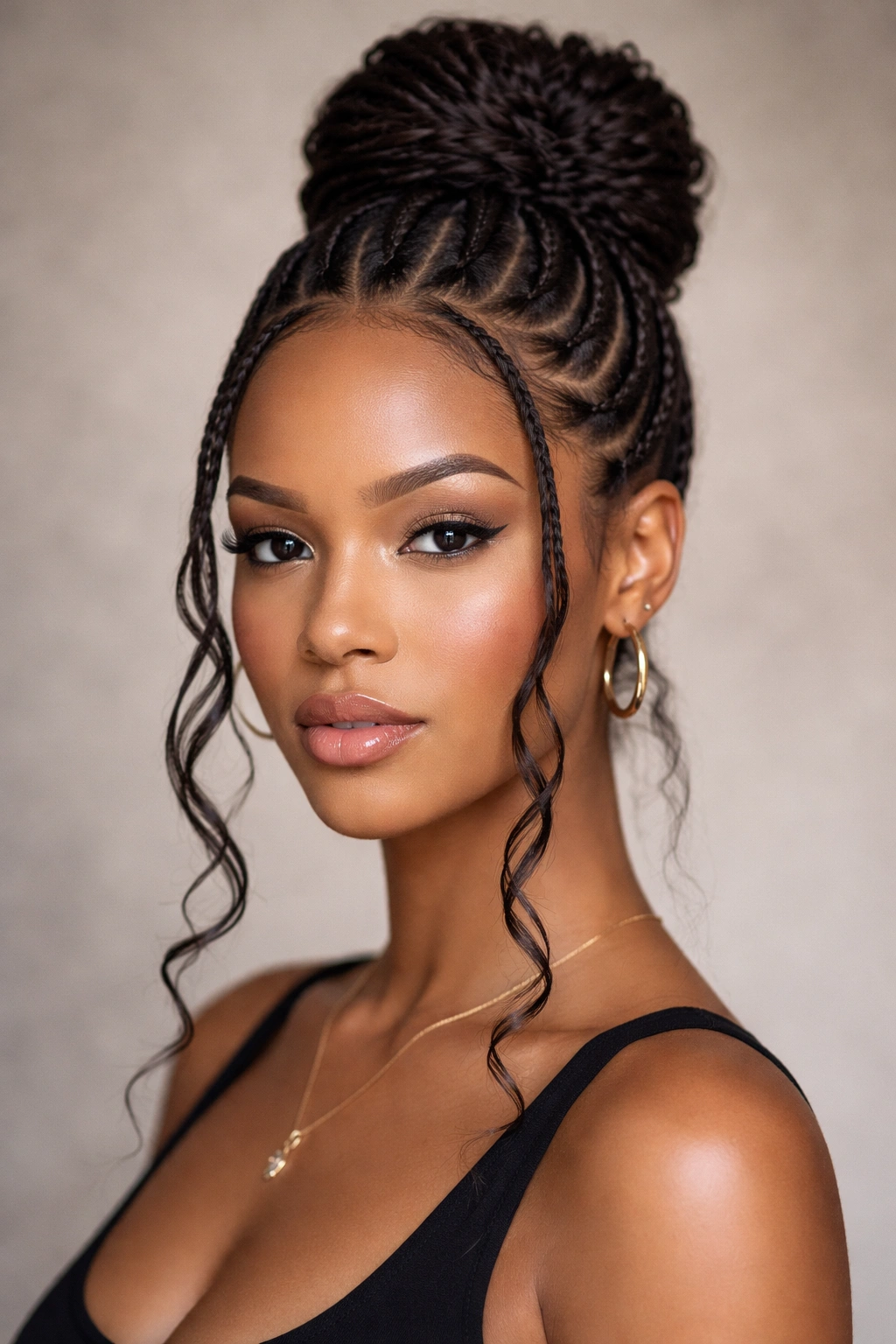 Cornrow updo with loose face-framing pieces softening jawline