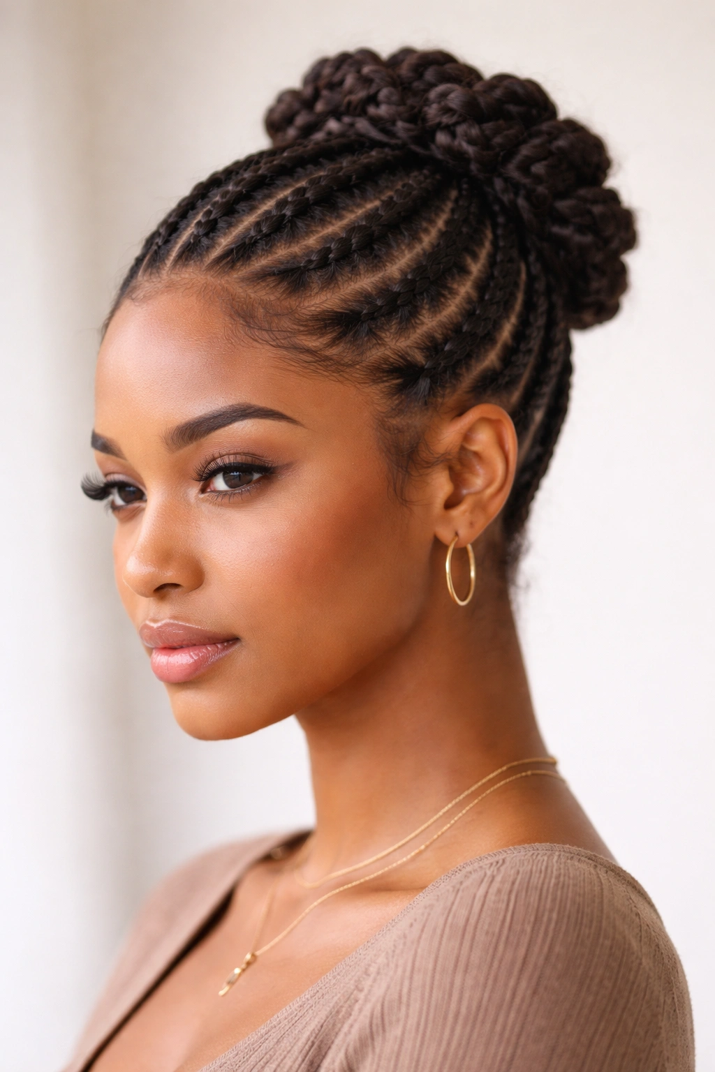 Cornrow updo formed from braids into a crown-style bun