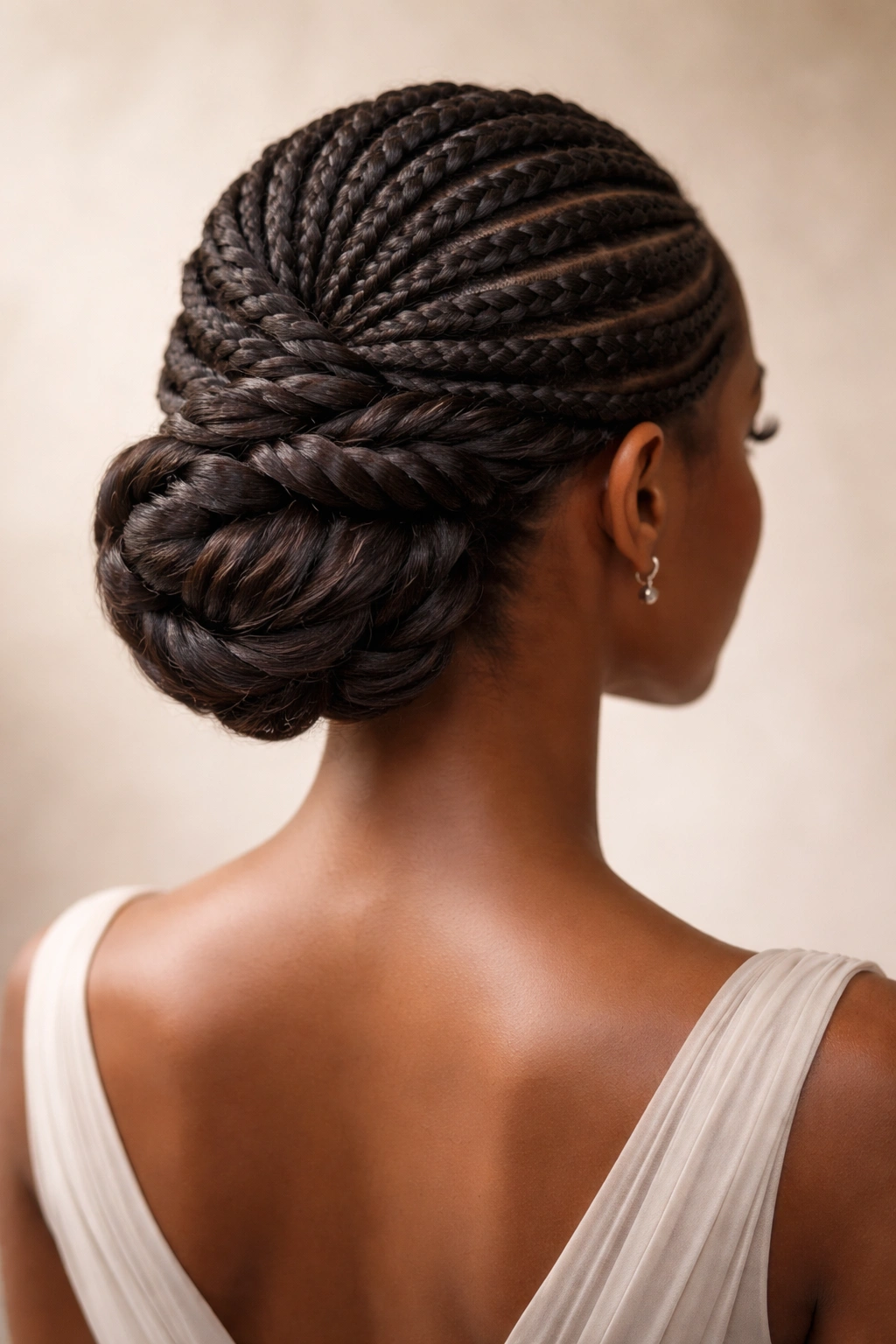 Cornrows spiraling into a twisted crown and low bun