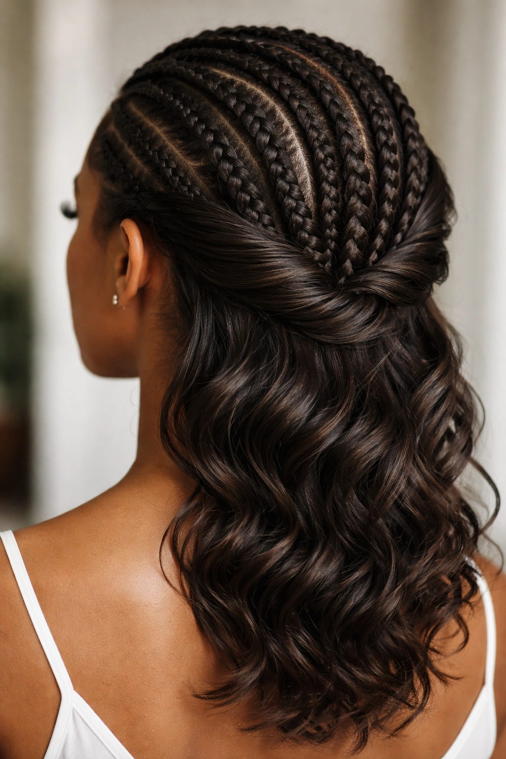 Waterfall pattern of cornrows with flowing loose strands pinned into a low wave at the back