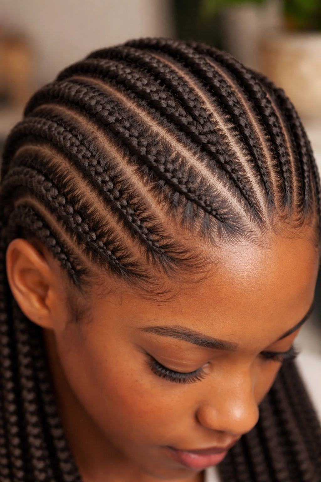 Close-up of cornrows along the scalp on 4C hair