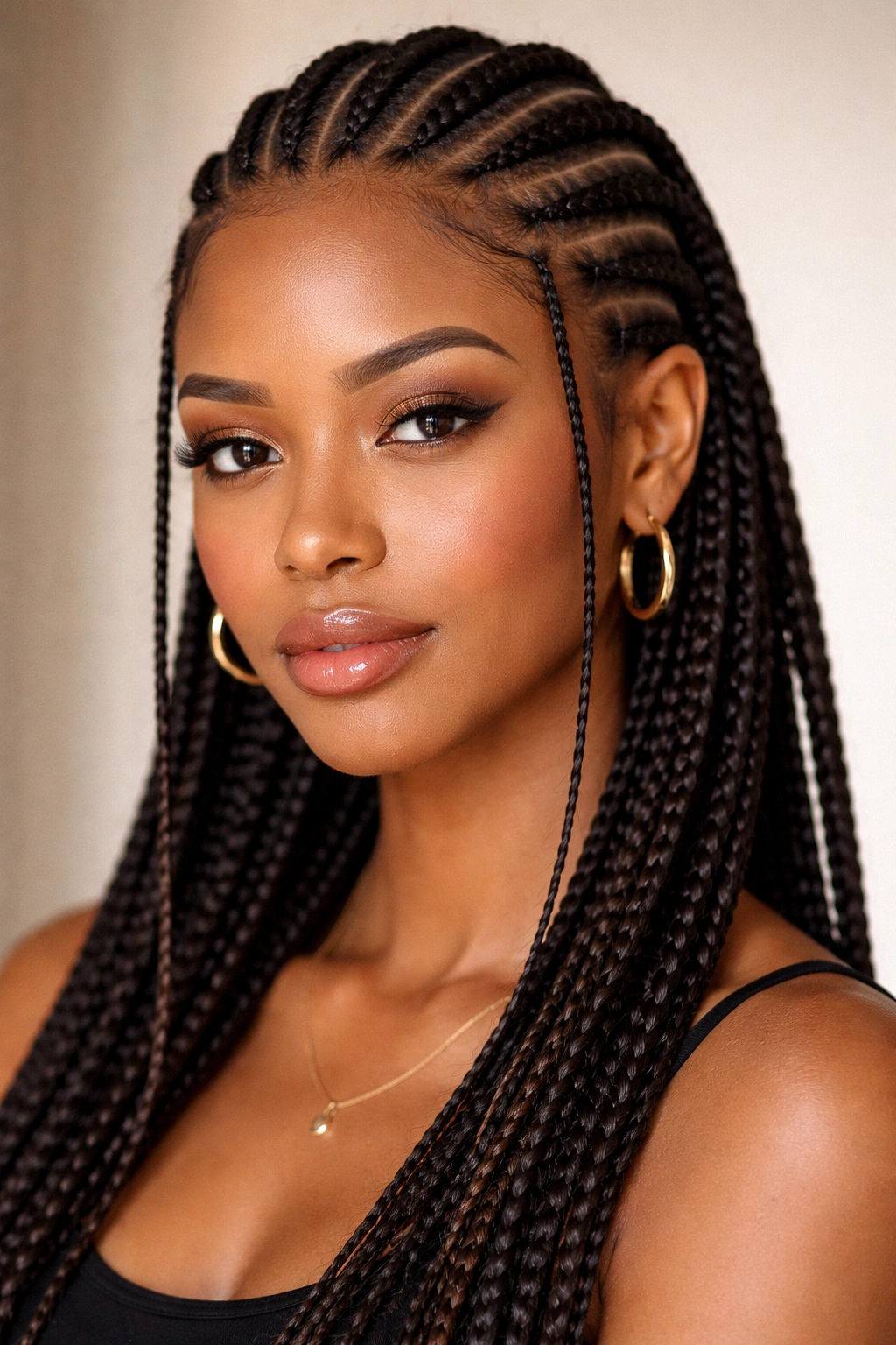 Straight-back cornrows featuring delicate accent braids along the sides