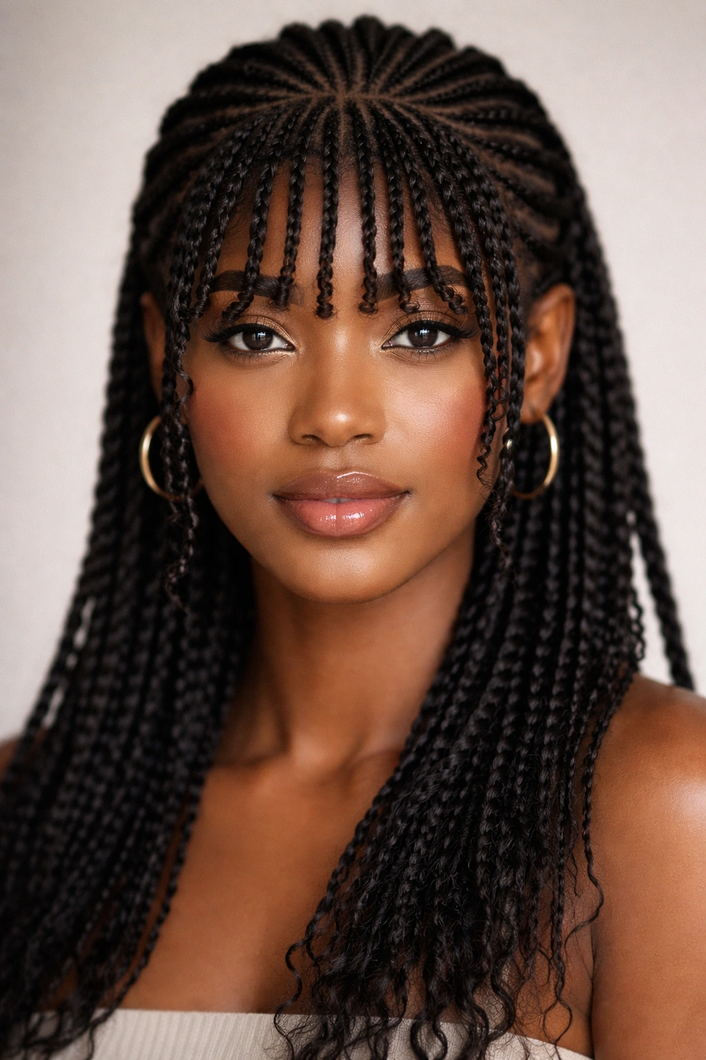 Front view of cornrows with bangs framing the face