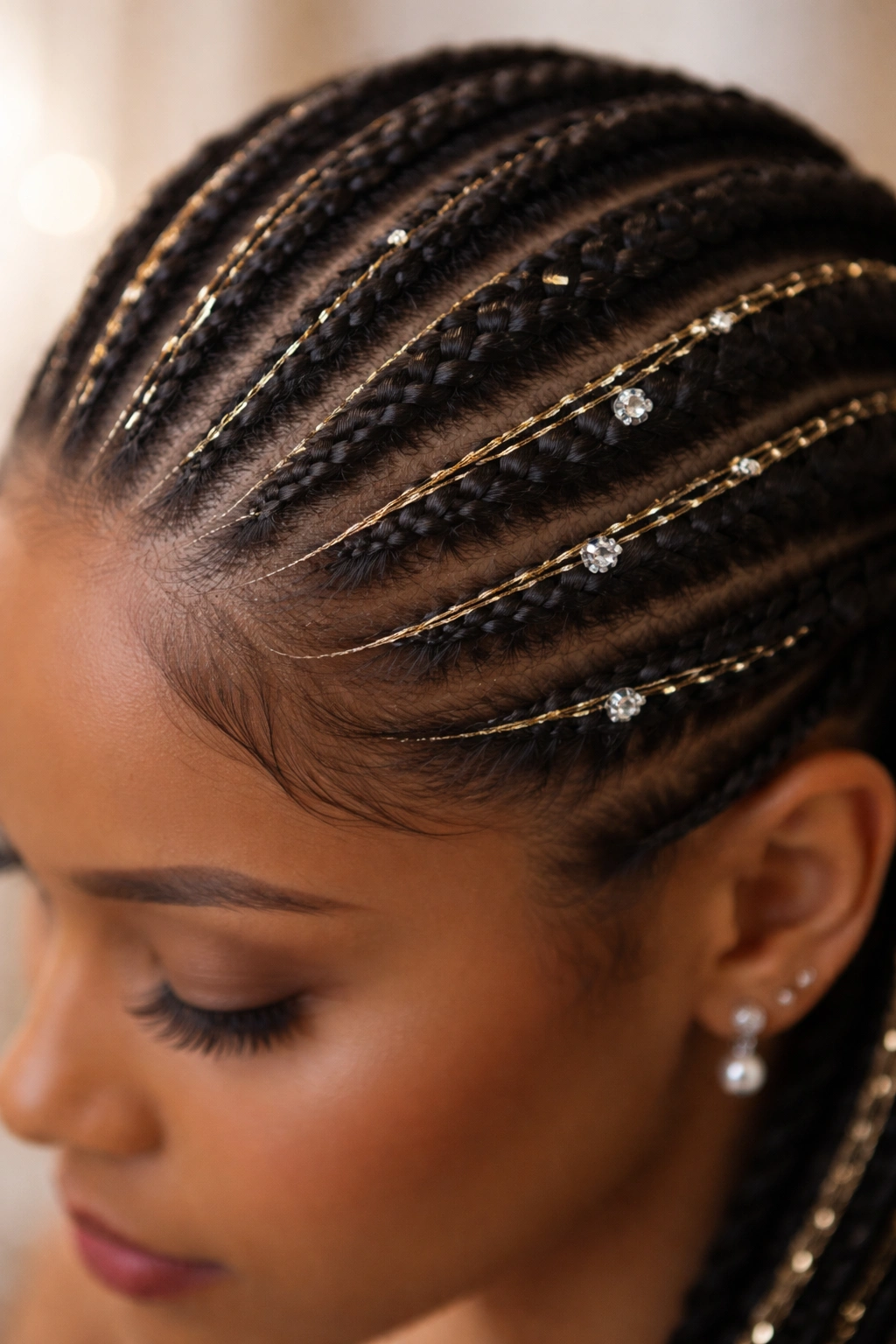 Close-up of cornrows with metallic thread and beads woven into braids under bridal lighting