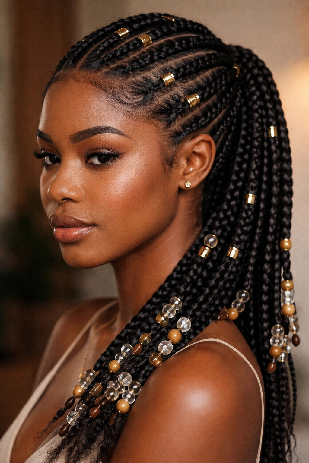 Cornrows with beads and cuffs on thick 4C hair