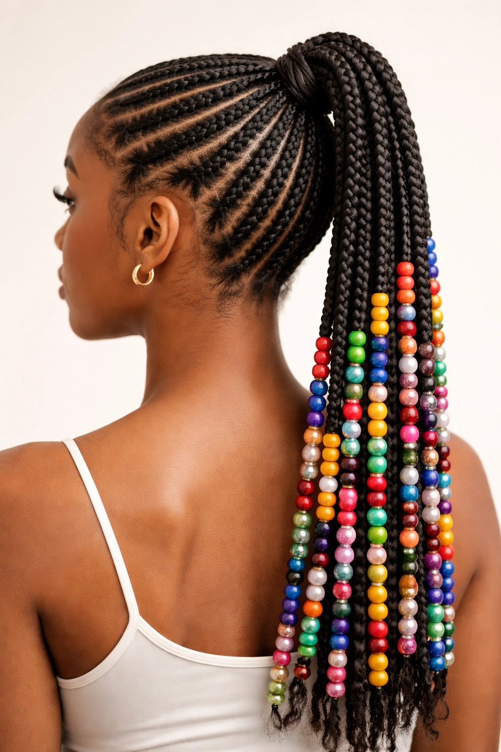 Cornrow ponytail with multicolored beads along the length