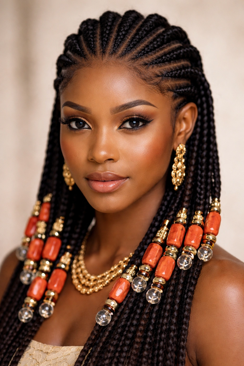 Cornrows along the scalp with coral and glass beads at the ends