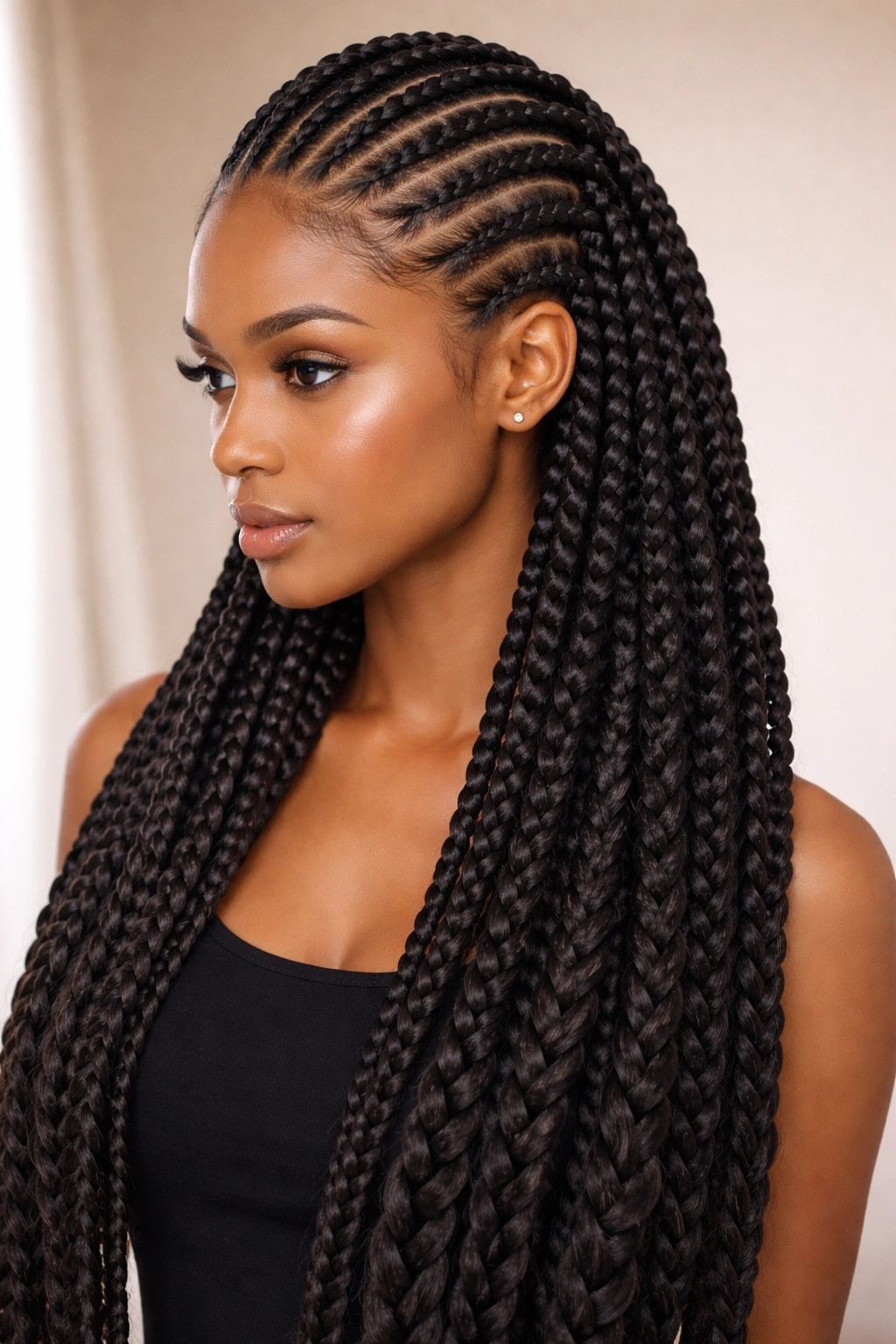 Close-up of feed-in cornrows transitioning into braided extensions at the ends