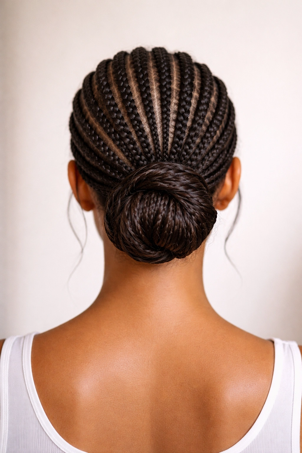 Back view of cornrows converging into a wrapped bun at the nape