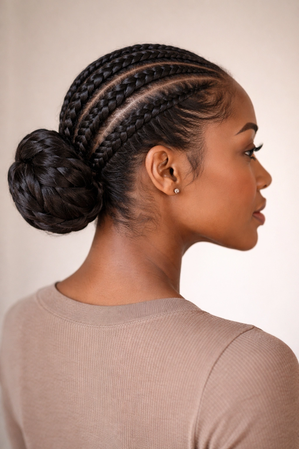 Cornrows leading to a bun hairstyle at the back of the head