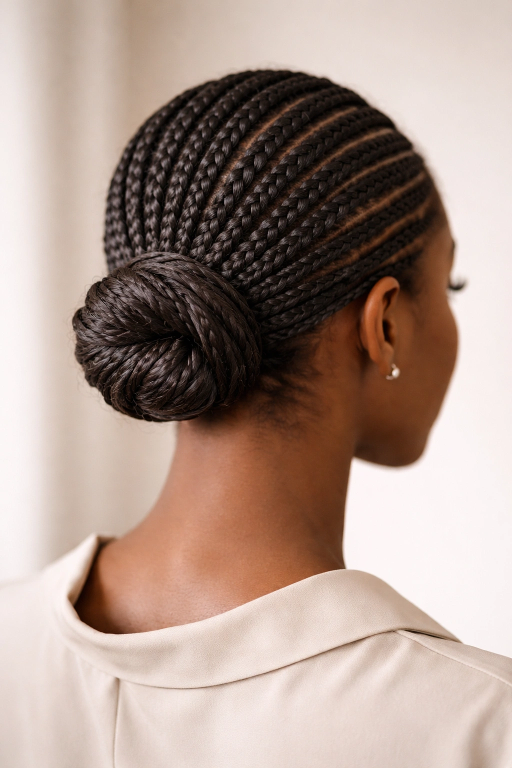 Back view of a low twisted cornrow bun at the nape of the neck