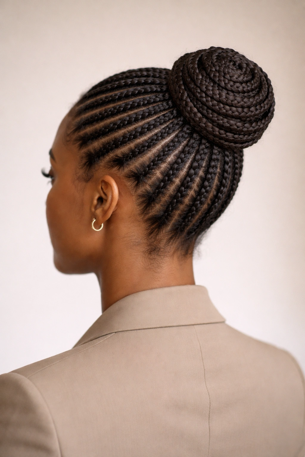 Back view of cornrows forming a neat bun at the crown against a neutral backdrop