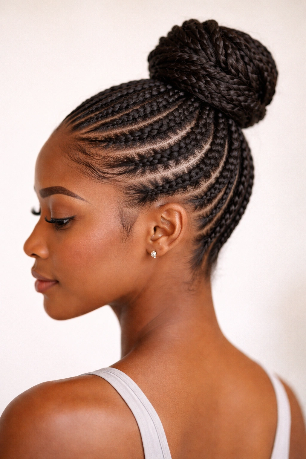 Feed-in cornrows flowing into a crown bun on top of the head in studio lighting