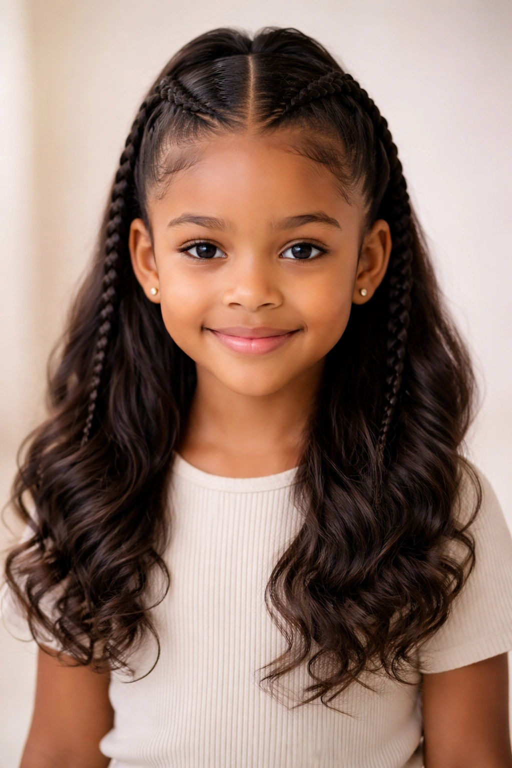 Child with classic center-part cornrows forming a neat half-up style