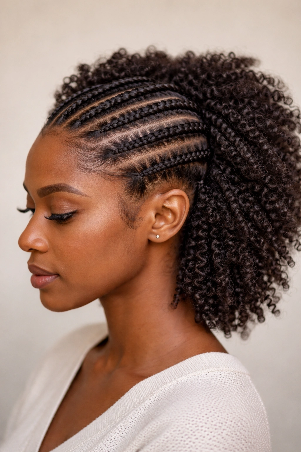 Cornrows on coily hair highlighting coil definition