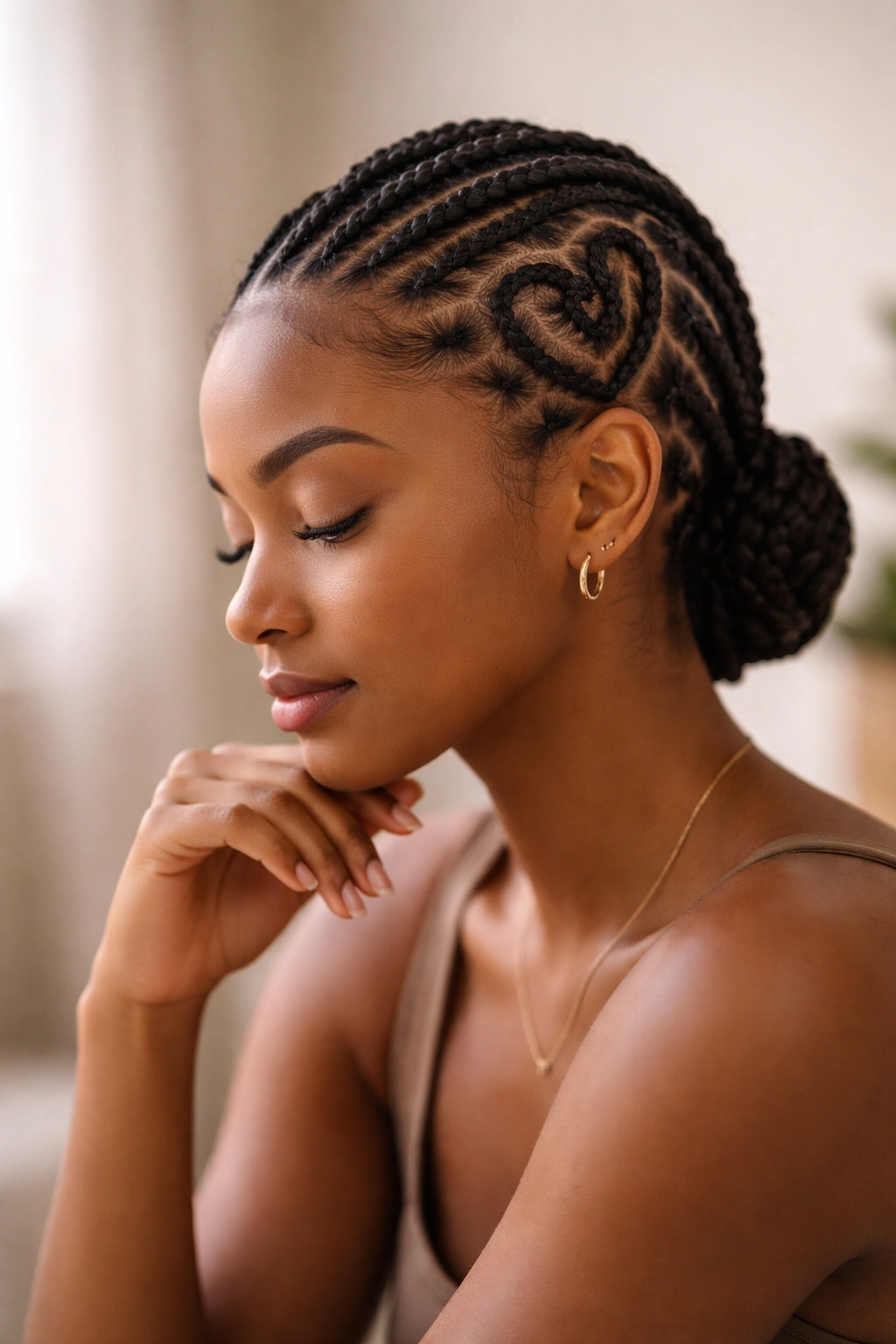 Portrait of a thoughtful person with neat cornrows in a minimalist setting