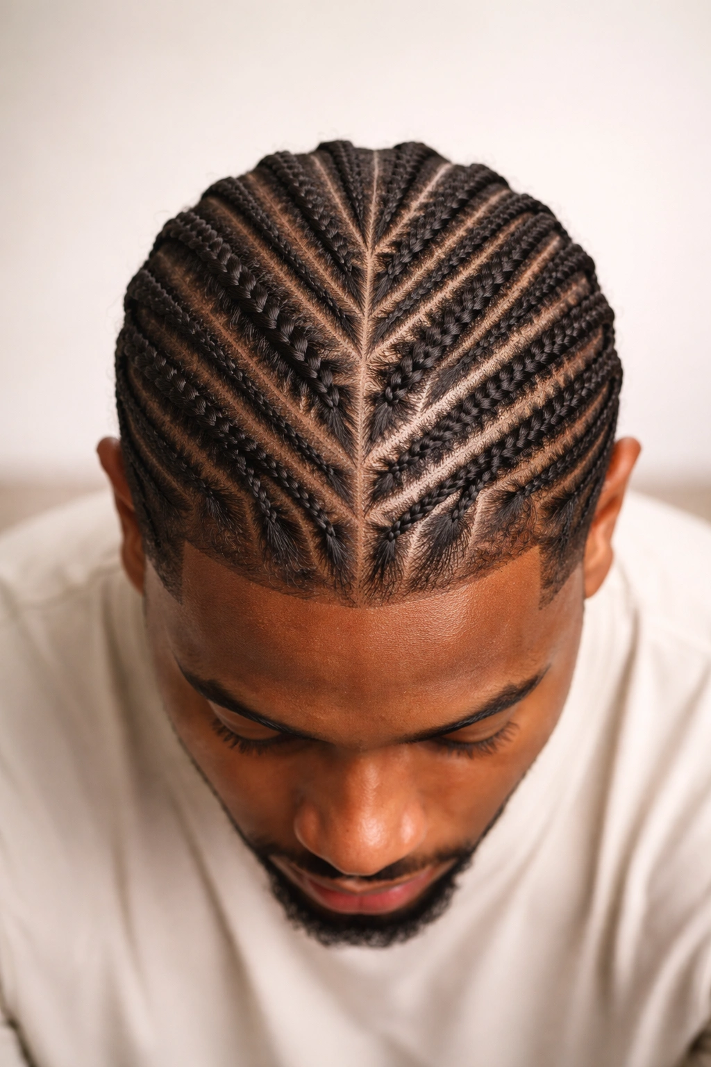 Top-down view of geometric cornrow pattern across the scalp