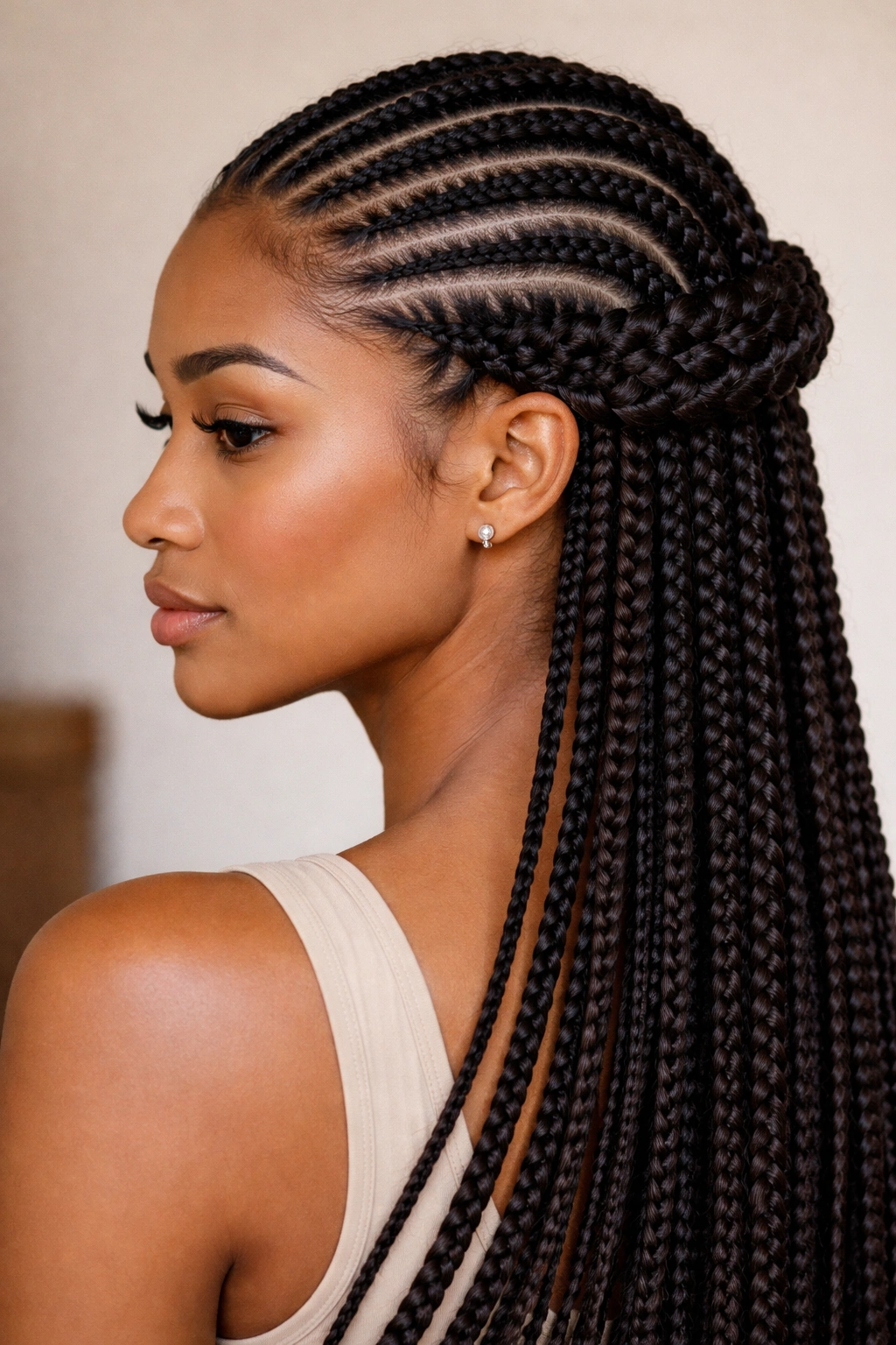Portrait of straight-back cornrows forming a braided crown around the head
