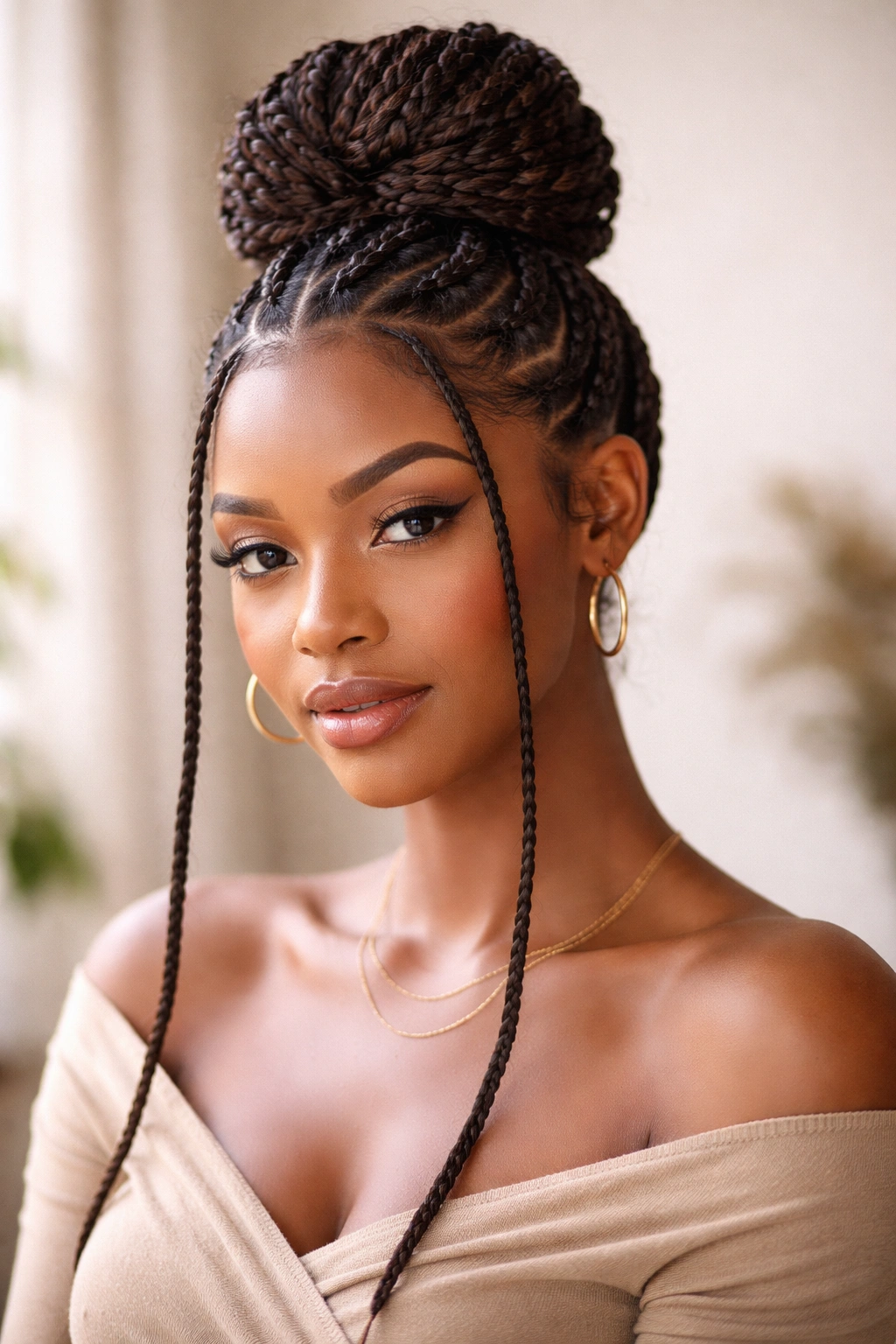 Close-up of crown bun with face-framing cornrows.