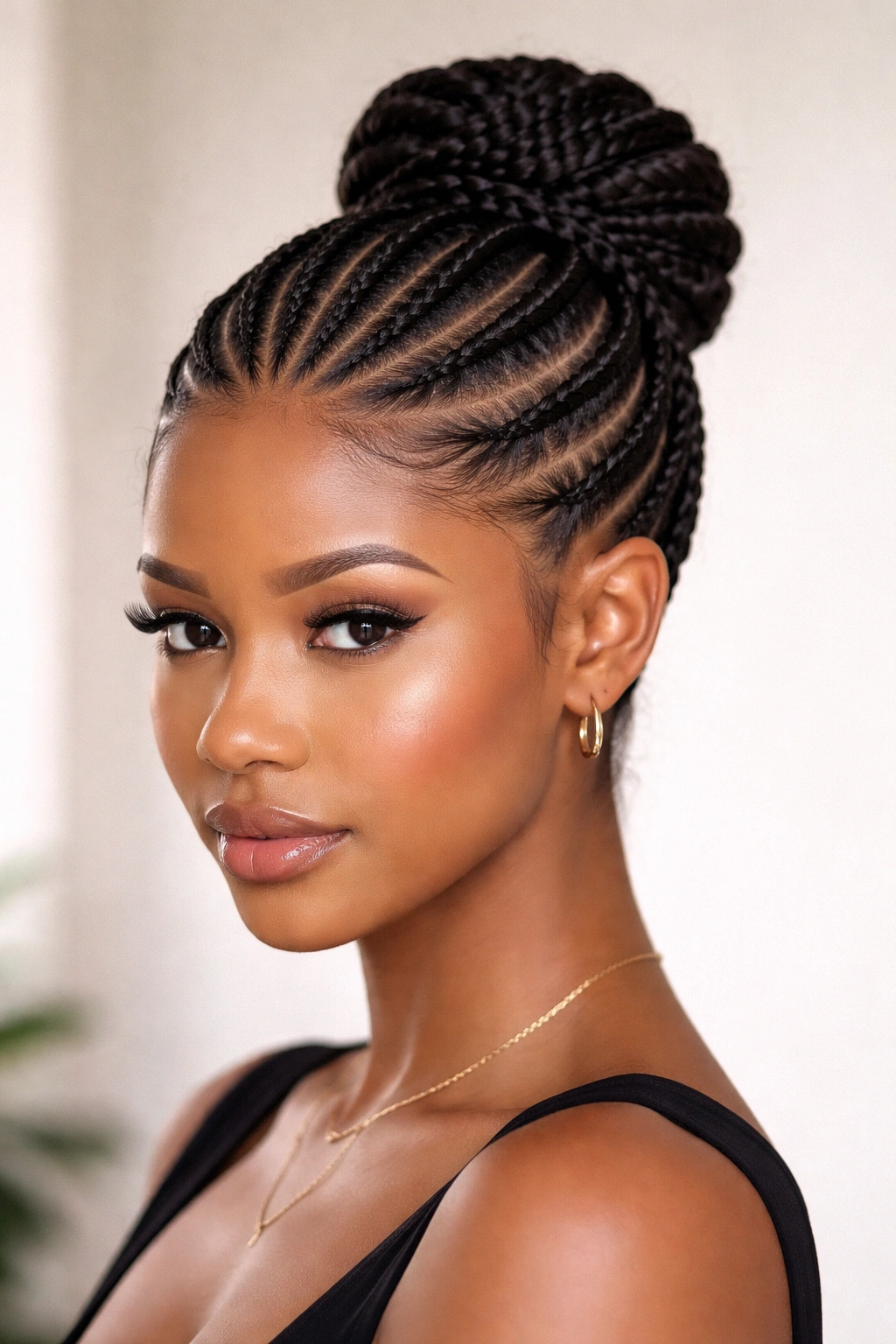 Close-upPortrait showing starburst cornrow crown radiating from the crown into a bun at the back