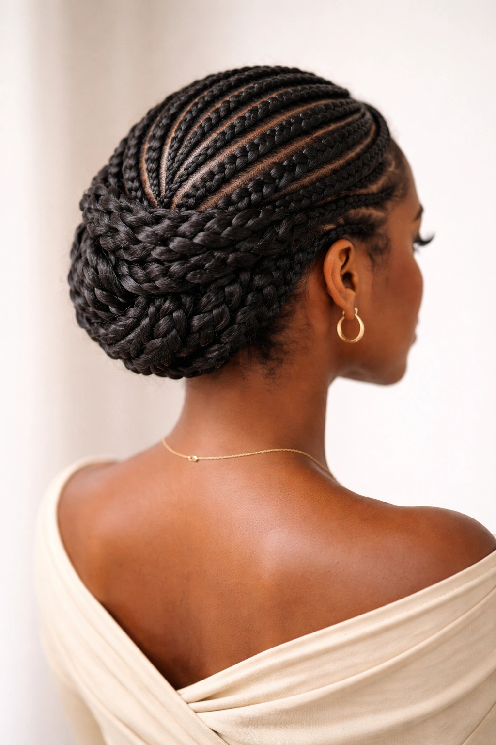 Cornrows forming a braided crown at the back of the head