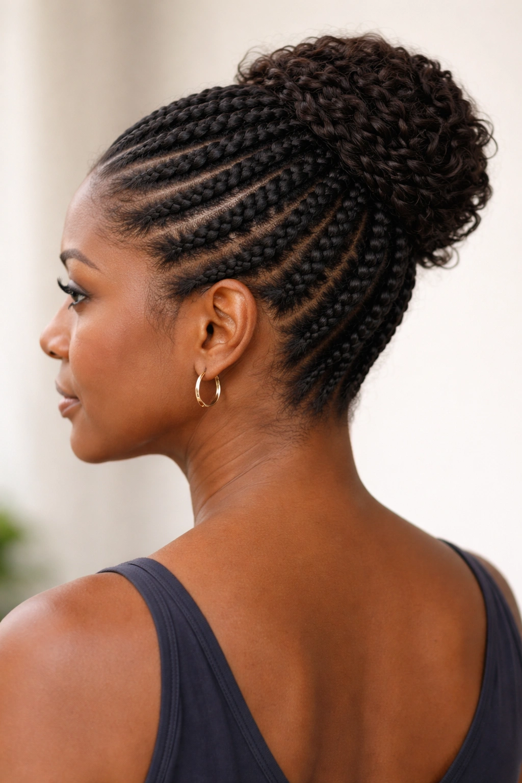 Cornrows pulled back with crown volume creating a lifted silhouette