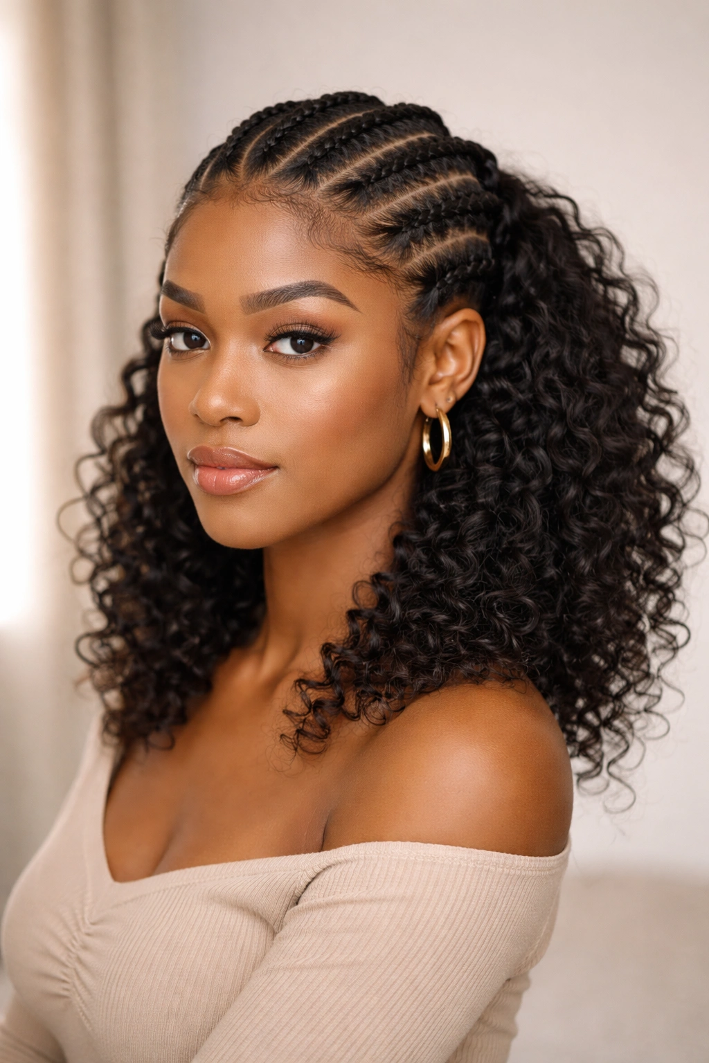 Cornrows with curly extensions blended on short hair
