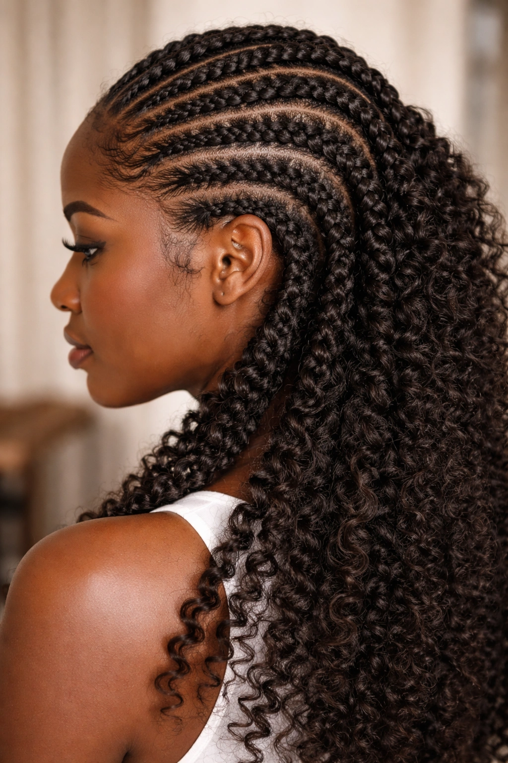 Close-up of cornrows with curly extensions blending with Type 4 hair