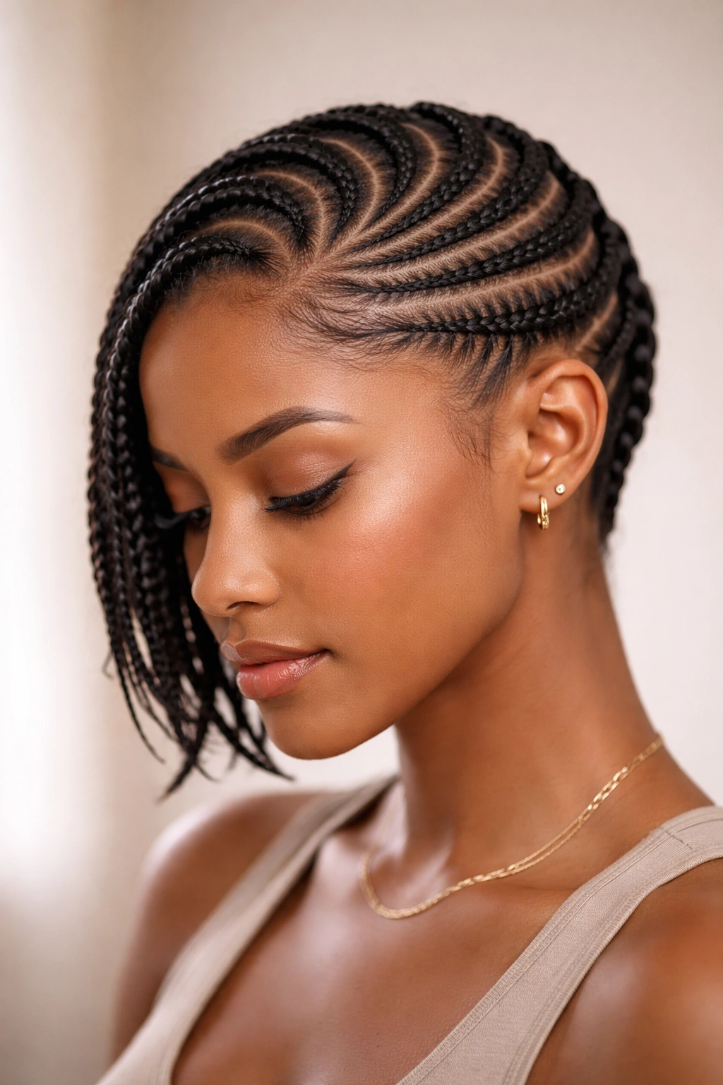 Curved feed-in cornrows along skull with side part on short hair
