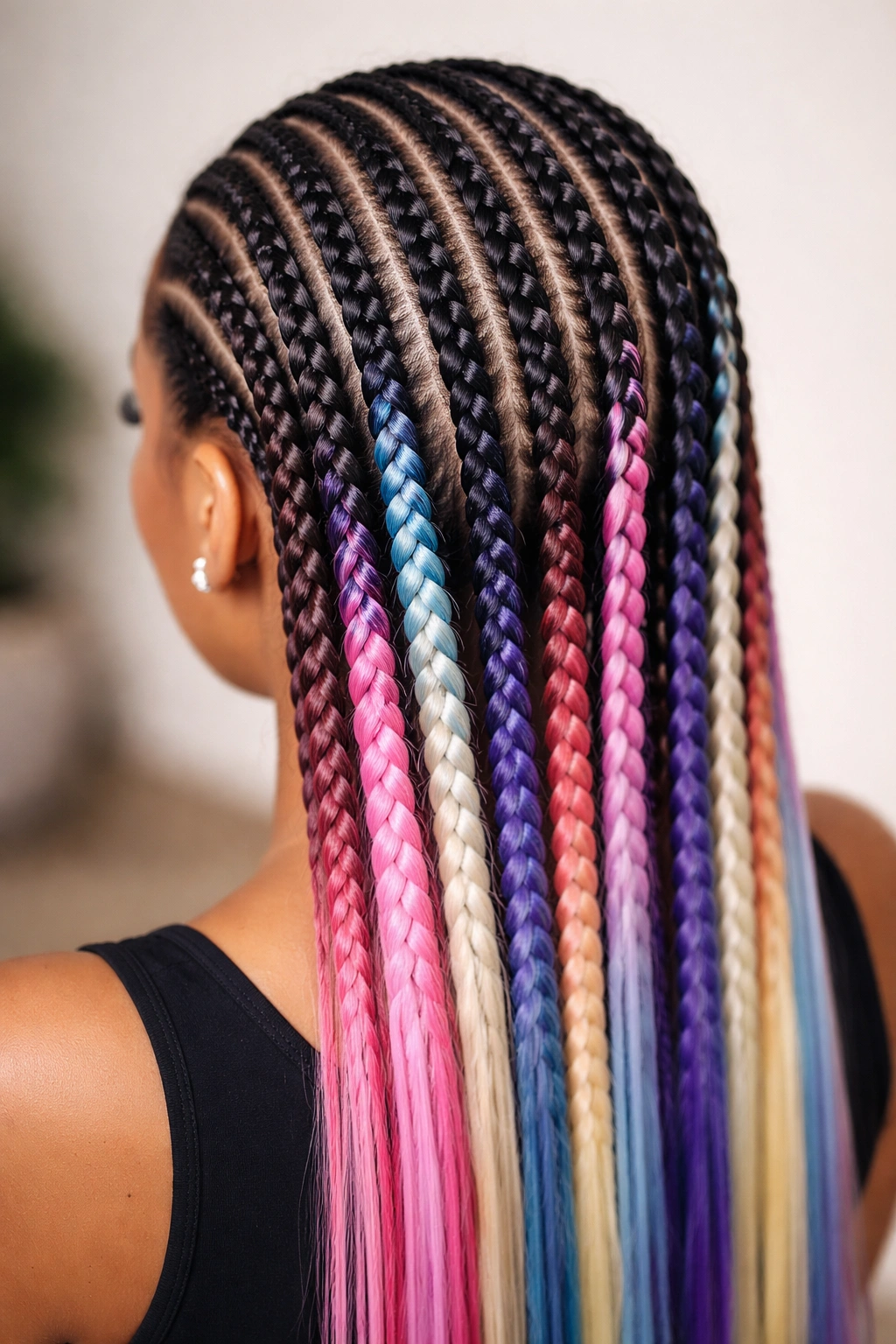Close-up of straight-back cornrows woven with patterned or colored extensions on the scalp