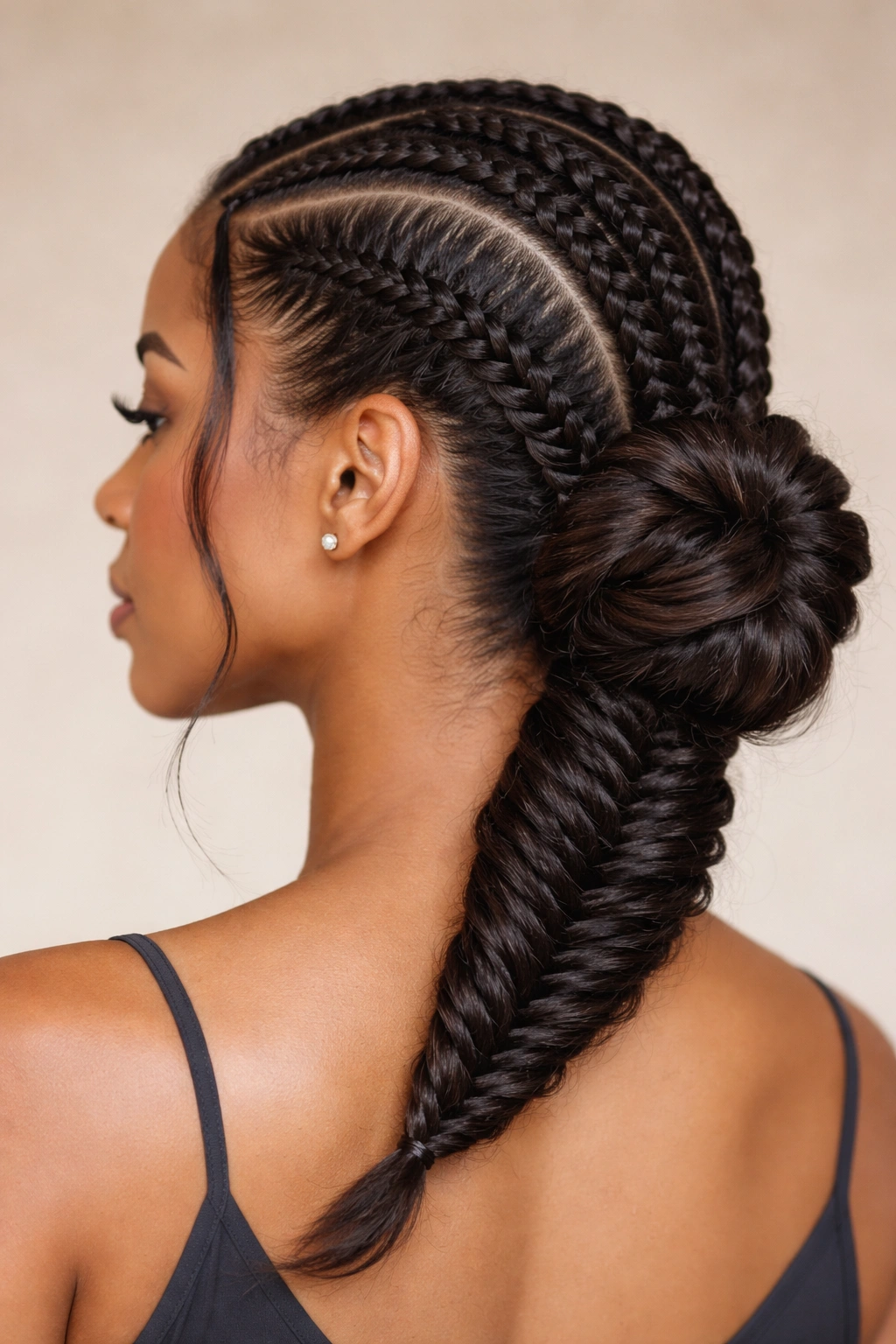 Face-framing cornrows meet at the nape and transition into a fishtail braid coiled into a bun