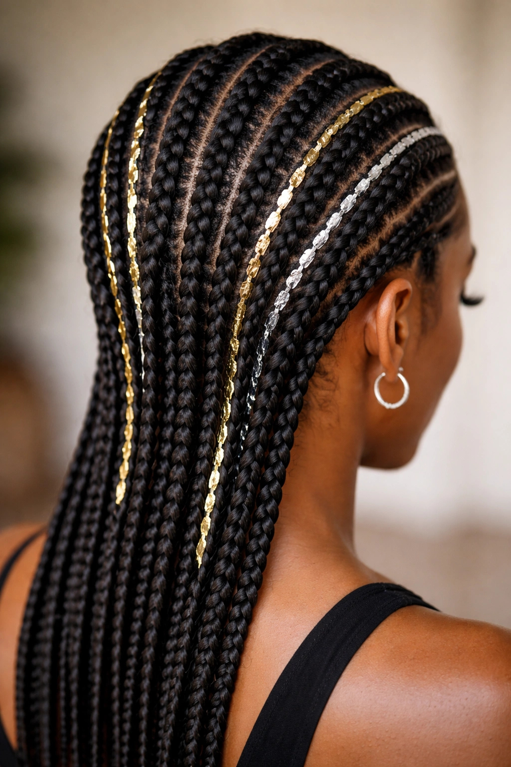 Straight-back cornrows with gold or silver foil accents on selected braids
