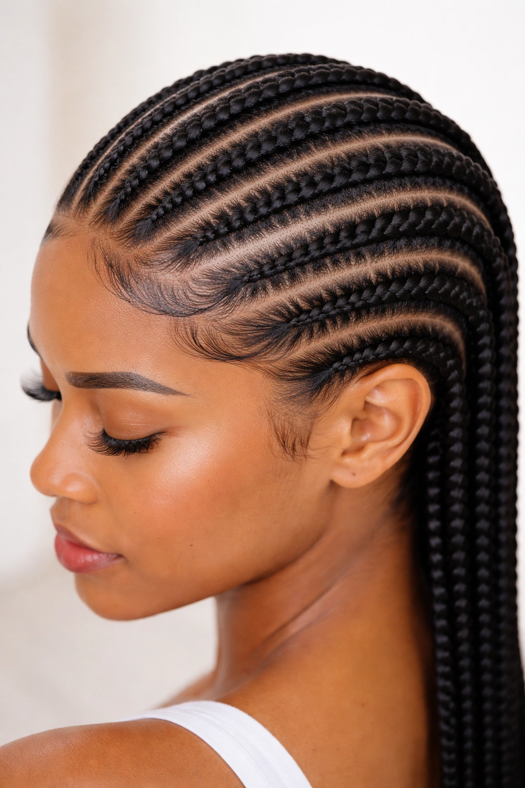 Close-up of sleek straight-back cornrows with a smooth gel finish at the edges
