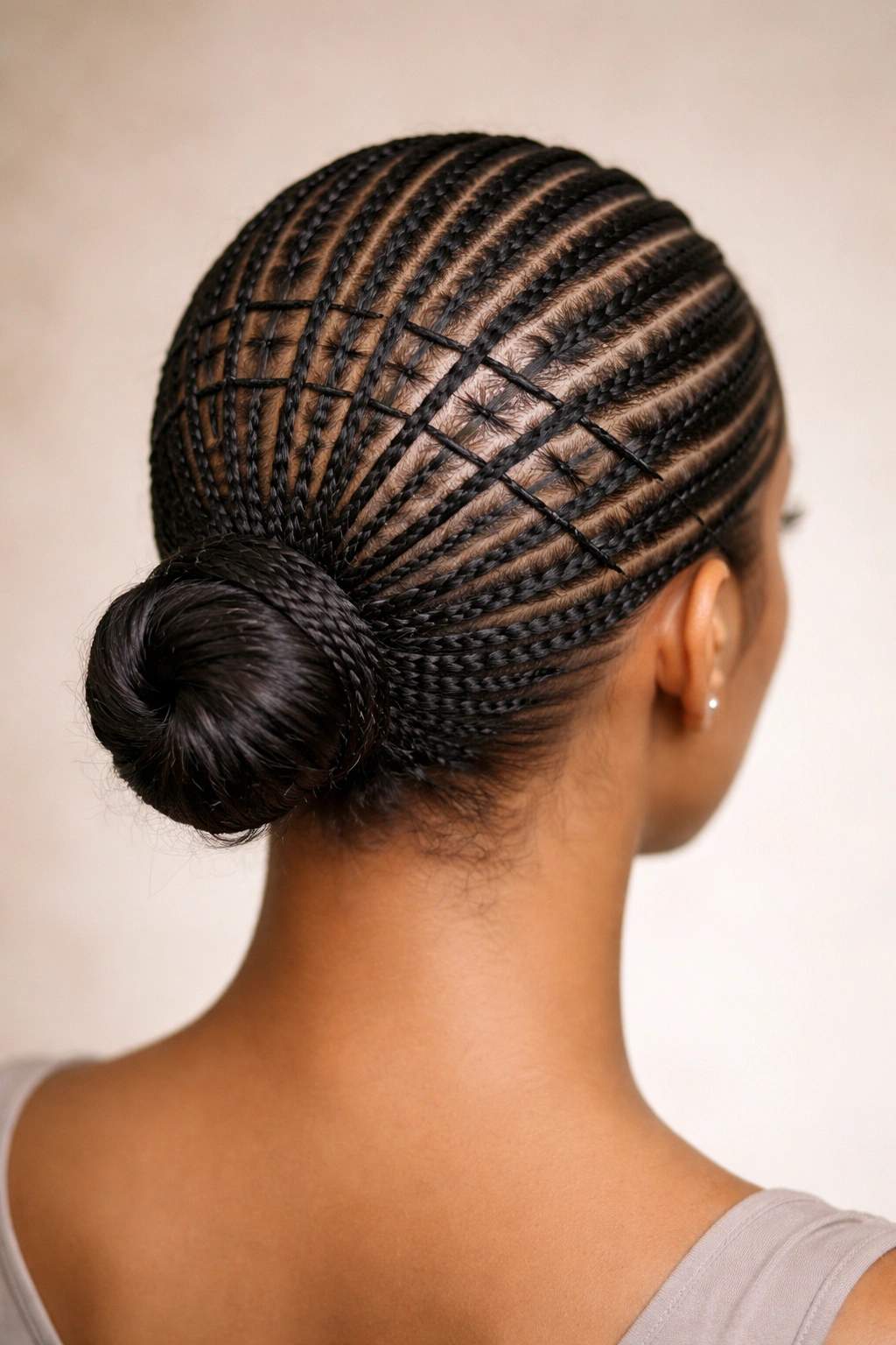 Top-down view of a head with a geometric grid of thin cornrows converging into a low bun at the nape