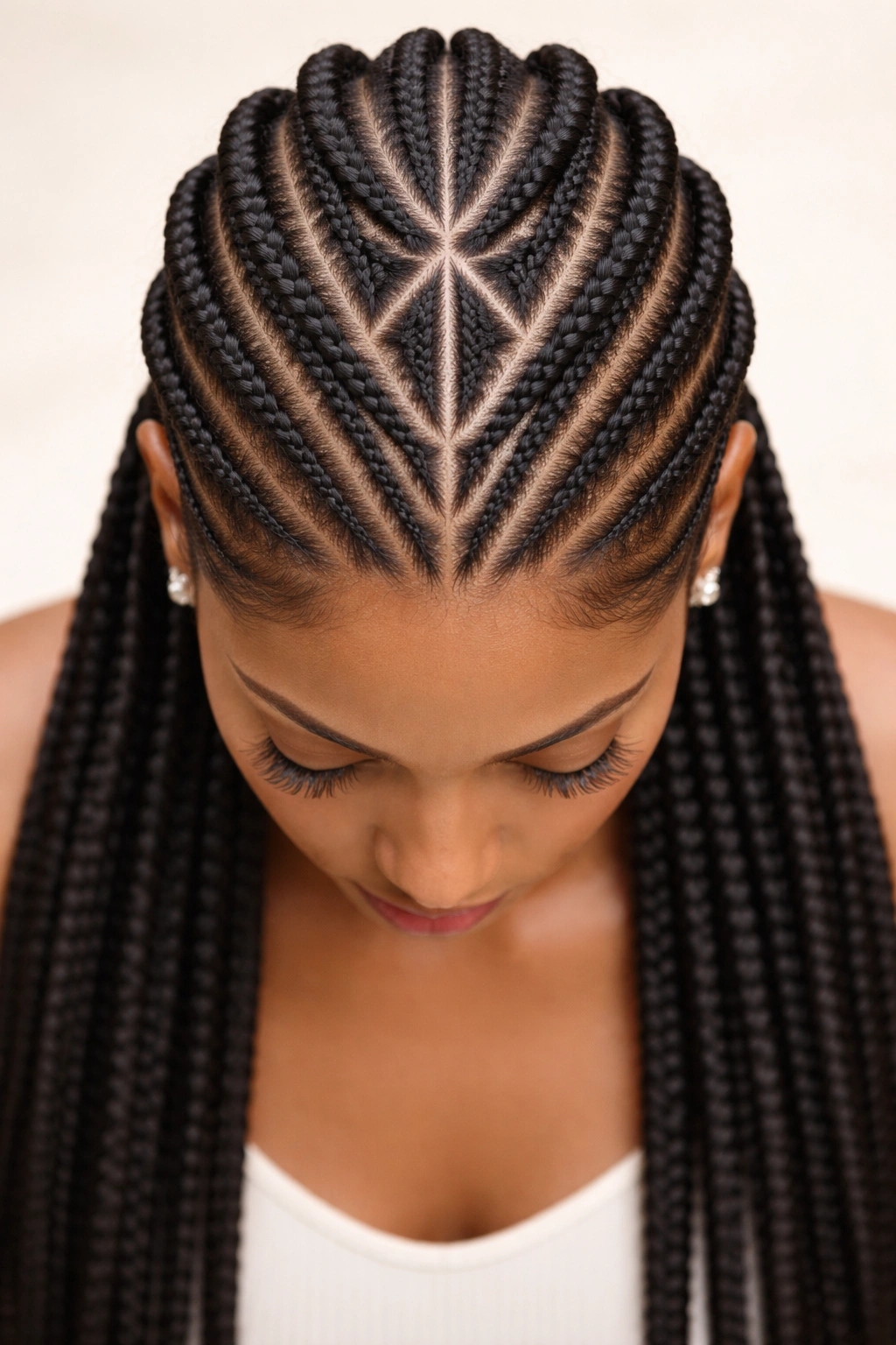 Top-down view of straight-back cornrows forming geometric patterns like triangles and diamonds