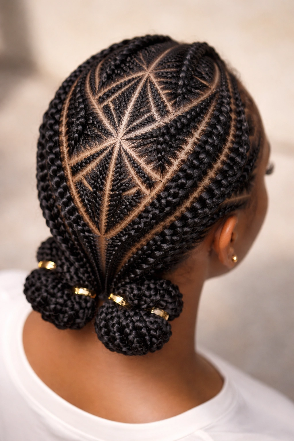 Geometric cornrow patterns on 4C hair across the scalp