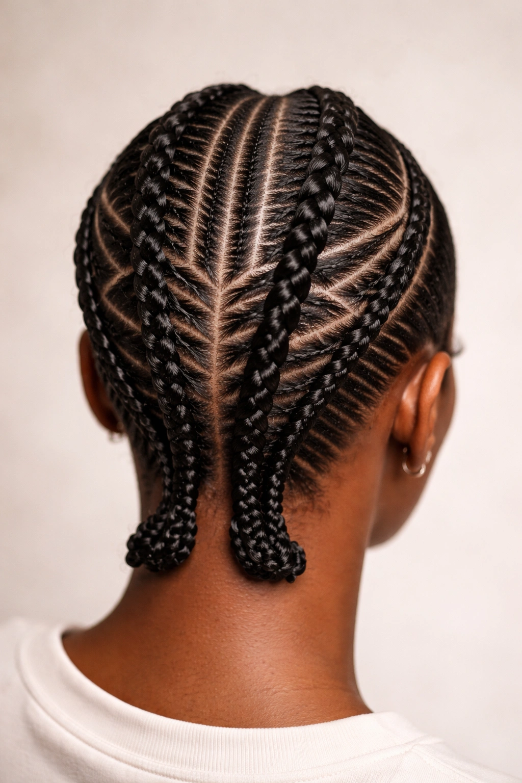Two parallel cornrows with geometric pattern on short hair