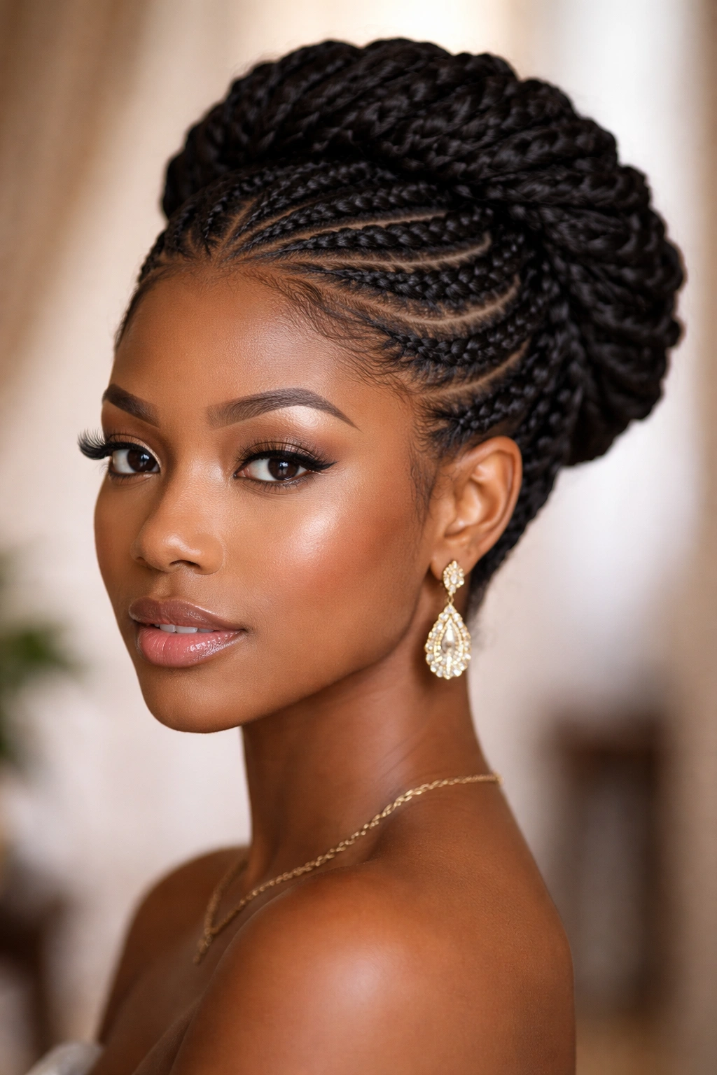 Circular goddess crown of cornrows around the head.