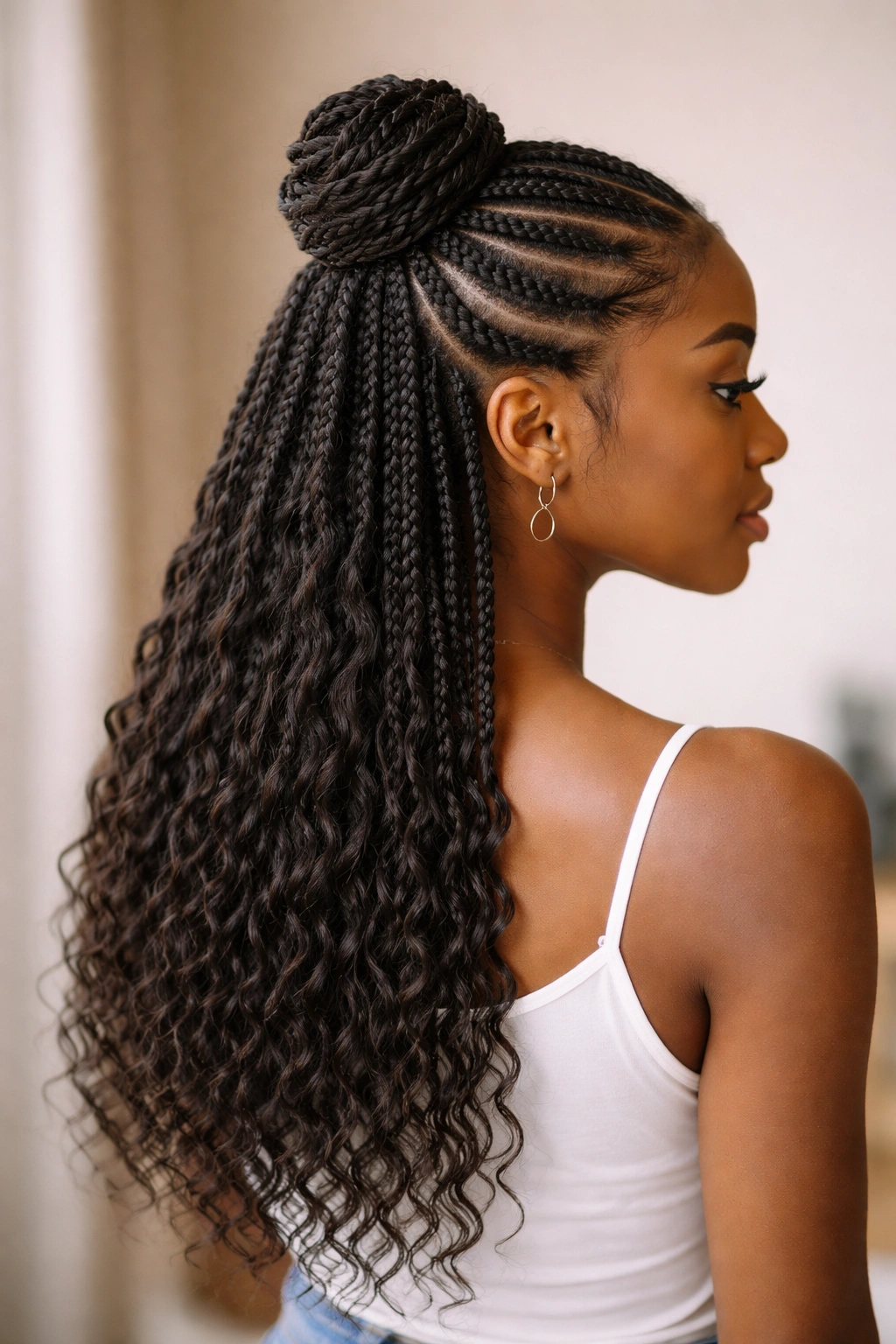 Half-up half-down cornrow updo with top secured and bottom flowing