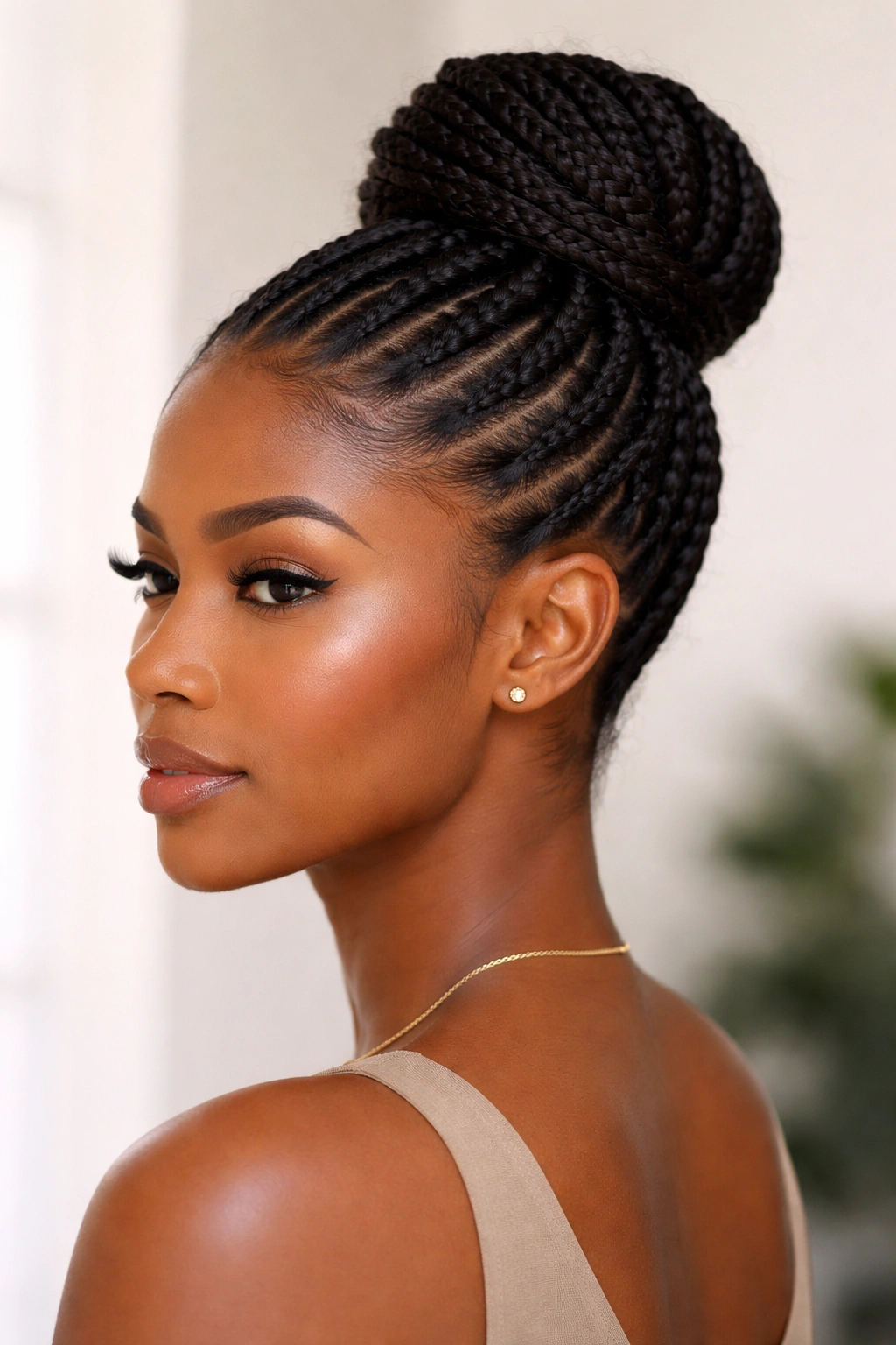 Close-up of a cornrow high bun at the crown, sleek and polished.