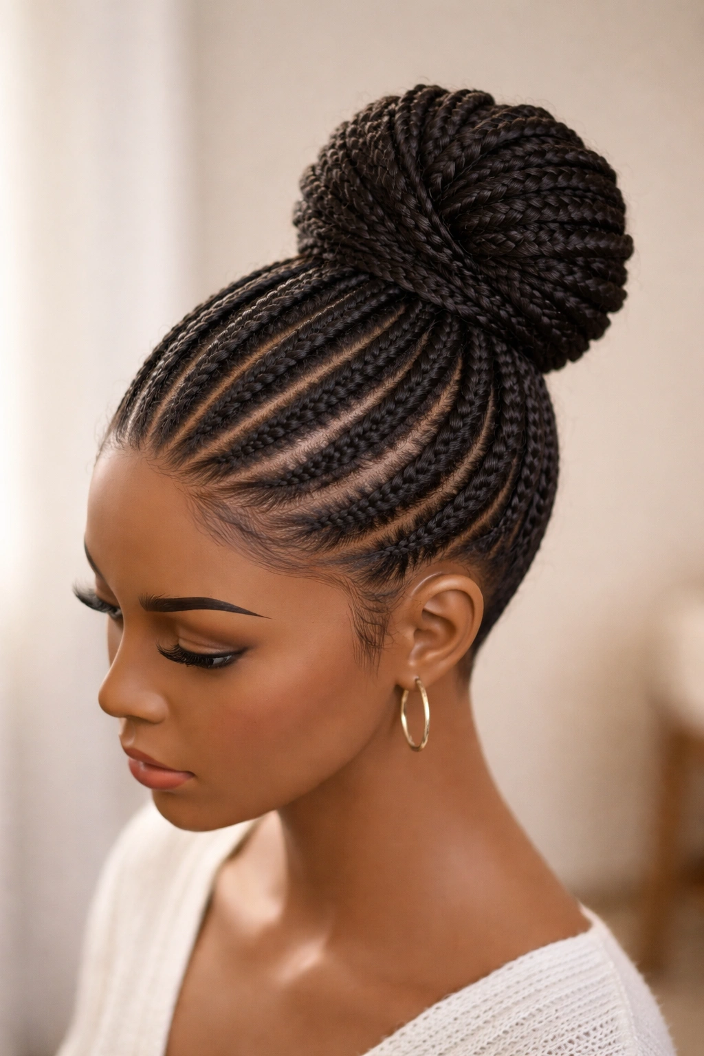 Cornrows gathered into a high bun with a neat, sculpted updo.
