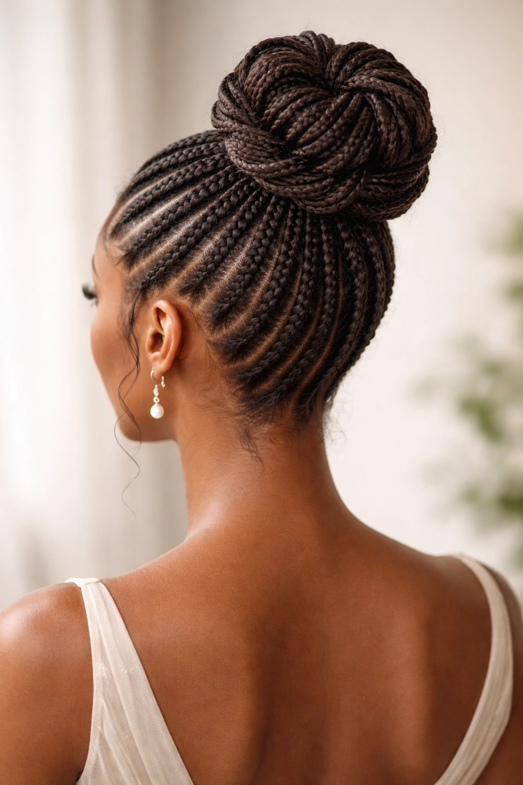 Back view of cornrows forming a high decorative bun at the crown