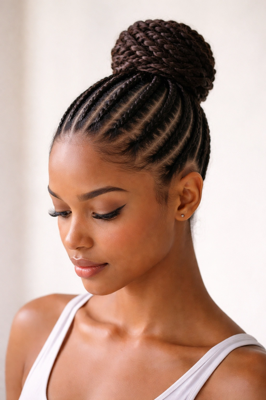 Close-up of straight-back cornrows forming a high bun
