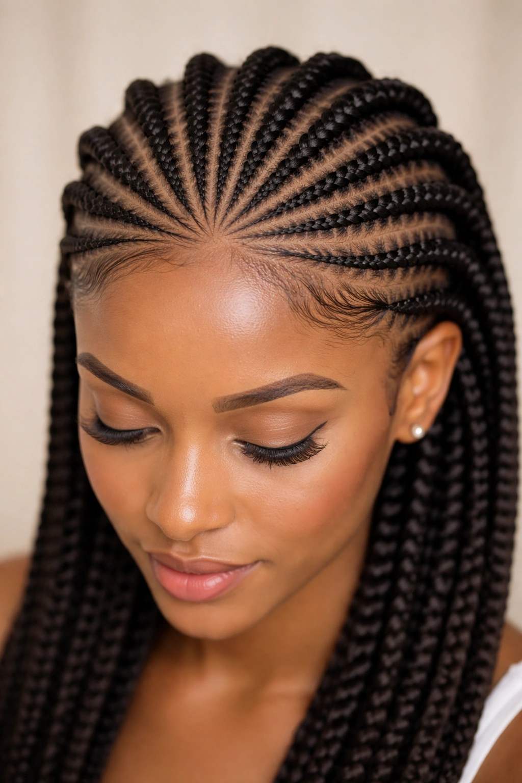Close-up of radiating cornrows forming a sunburst crown on the scalp
