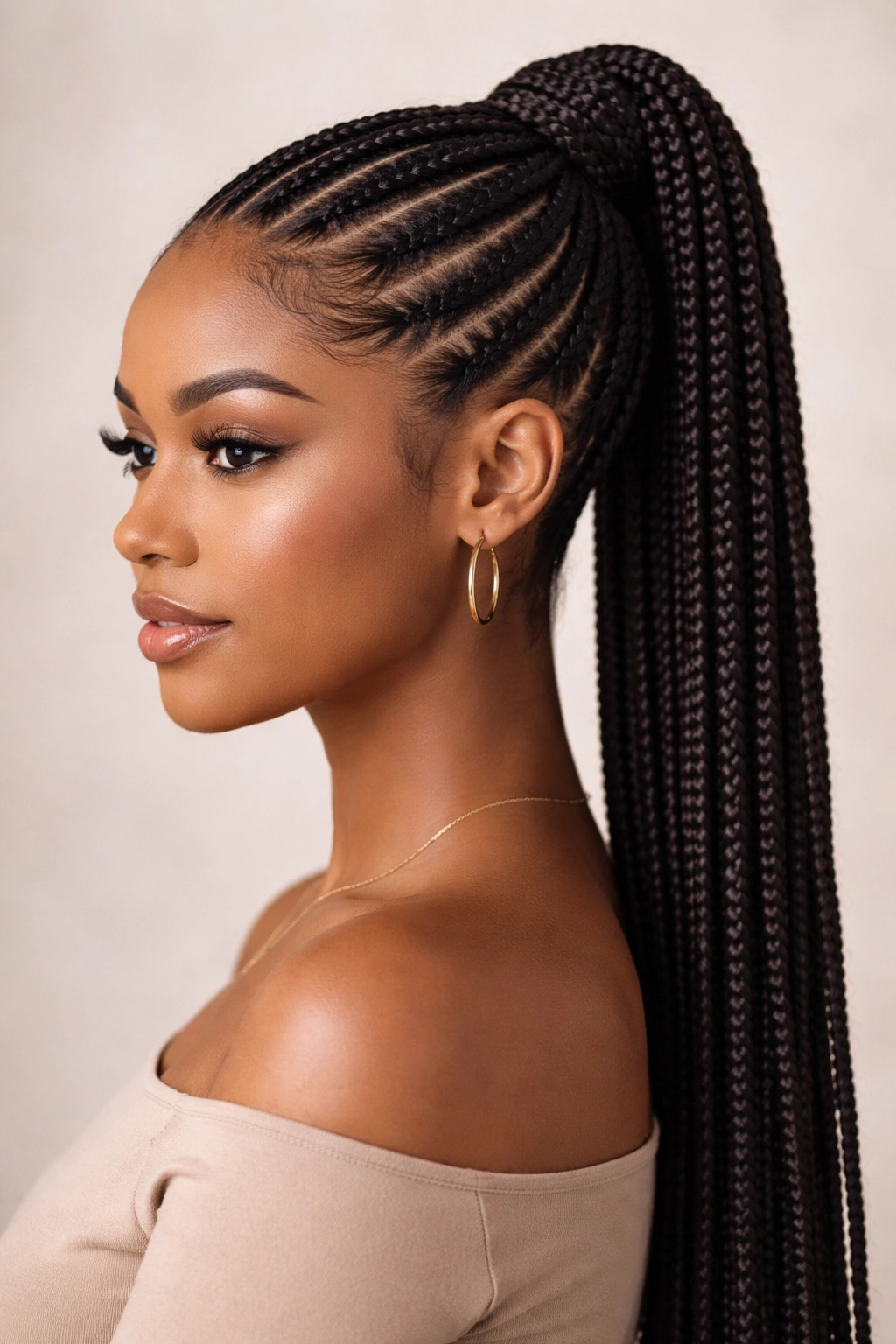 Close-up of neat cornrows forming a high ponytail along the scalp