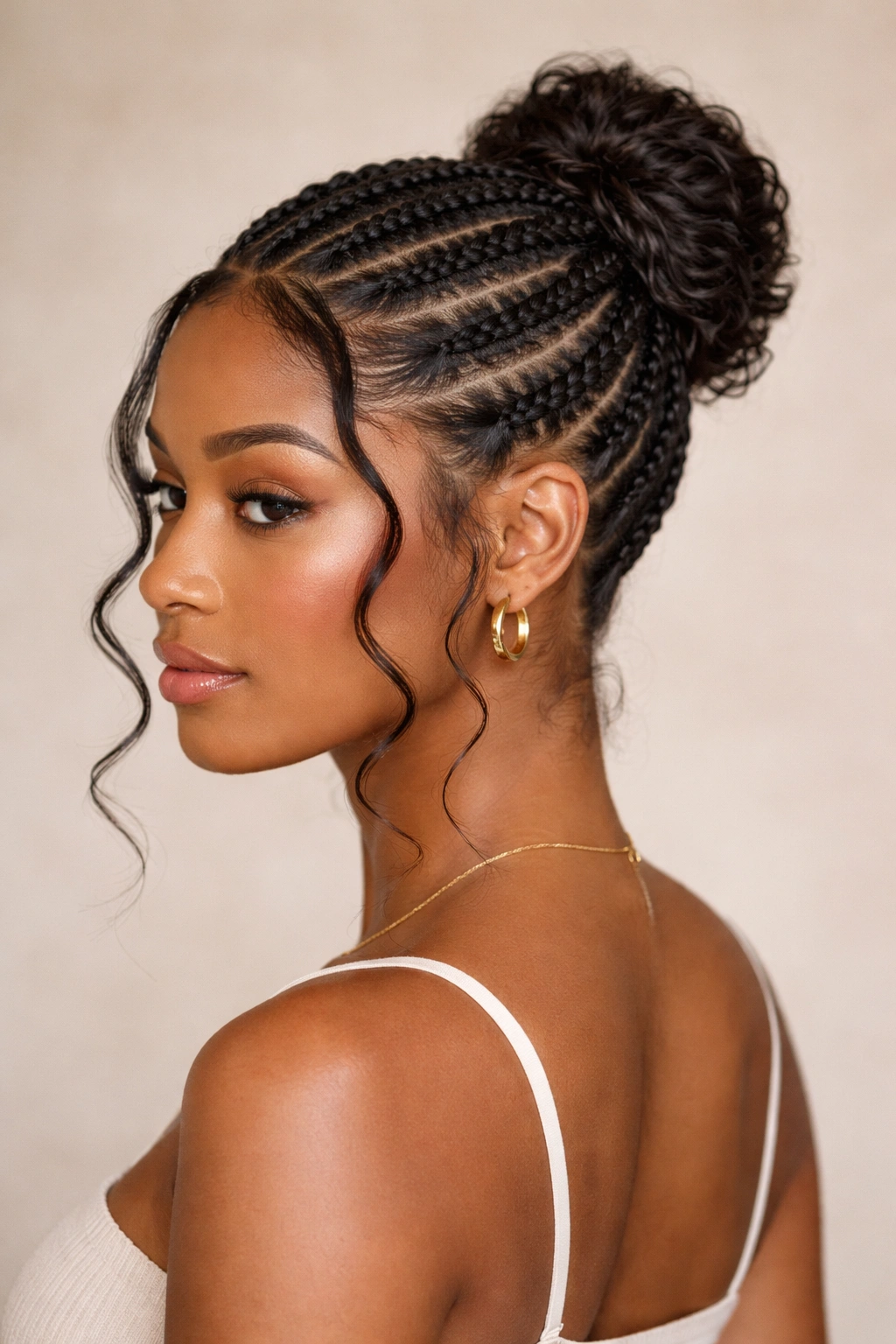 Back and side view of cornrows braided into a knot bun with face-framing spirals